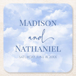 Blue White Sparkle Clouds Dreamy Elegant Wedding Square Paper Coaster