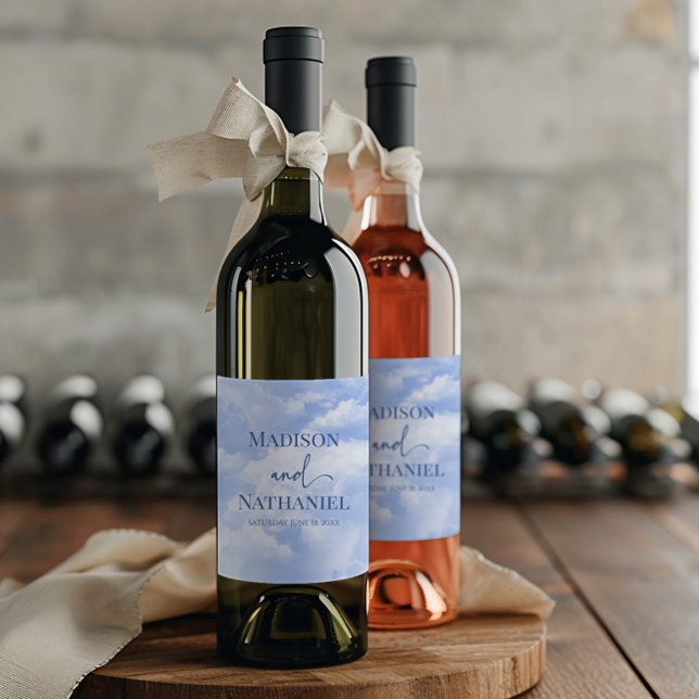 Blue White Sparkle Clouds Dreamy Elegant Wedding Wine Label (Creator Uploaded)