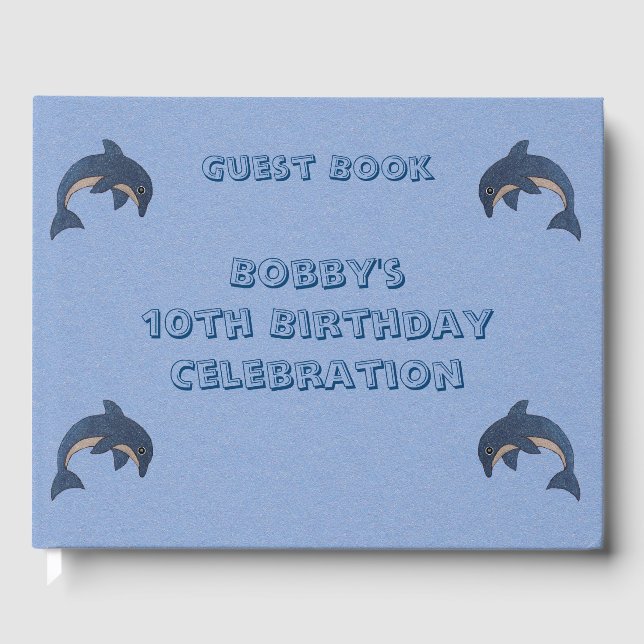 Blue White Sparkle Look Jumping Birthday Dolphins Guest Book (Front)