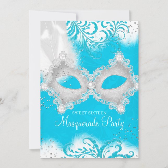 Blue White sparkle Mask Masquerade Sweet 16 Invitation (Front)