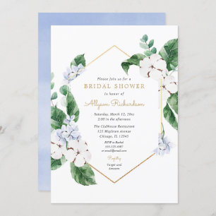 Blue white spring florals gold frame bridal shower invitation