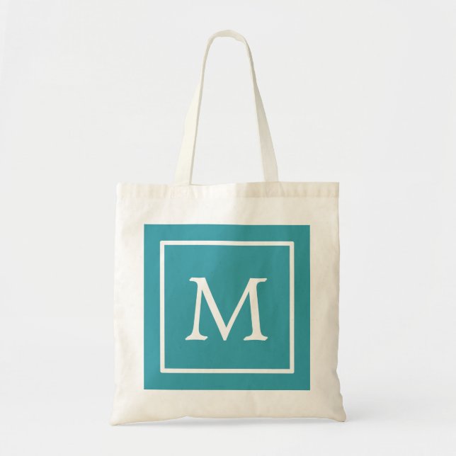 Blue & White Square Personalised Custom Monogram Tote Bag (Front)