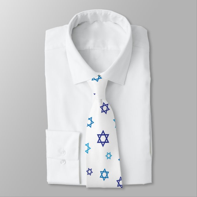 Blue White Star of David pattern Tie (Tied)