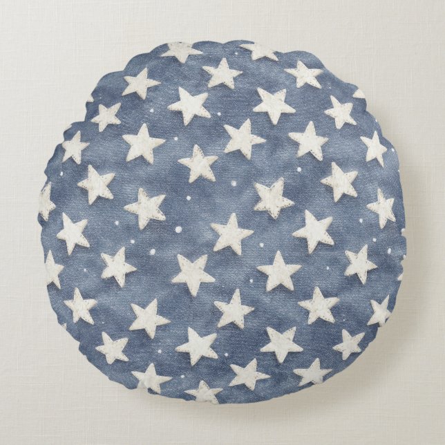 Blue White Stars Glitter Round Cushion (Front)