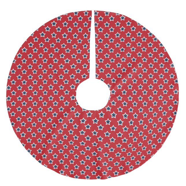Blue & White Stars on Red Brushed Polyester Tree Skirt (Front)