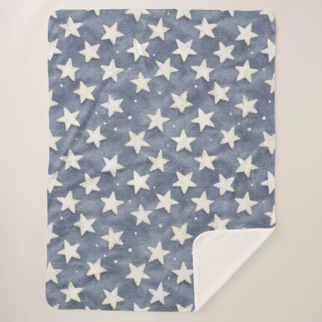 Blue White Stars Sherpa Blanket (Front)