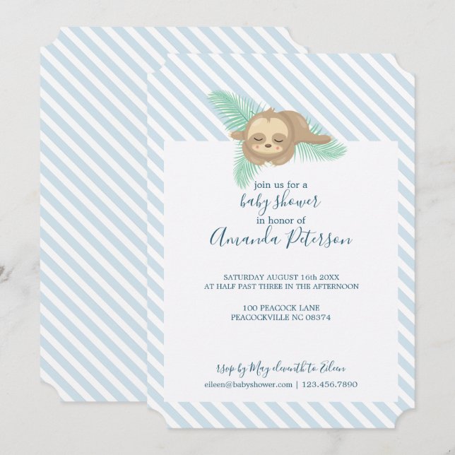 Blue & White Stripe Baby Sloth Baby Shower Invitation (Front/Back)