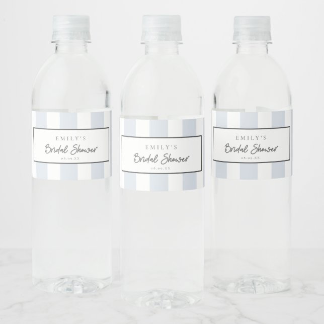 Blue White Stripe Bridal Shower Party Water Bottle Label (Bottles)