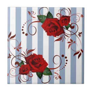 Blue & White Stripe Ceramic Tile Floral Red Rose