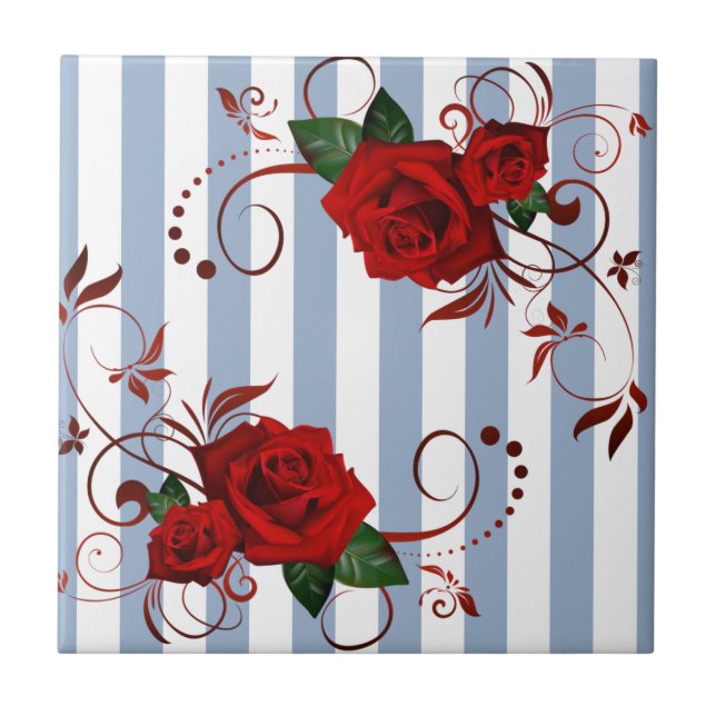 Blue & White Stripe Ceramic Tile Floral Red Rose (Front)