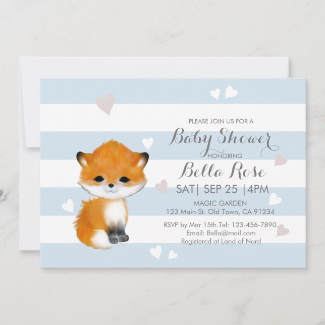 Blue White Stripe Heart Fox Baby Shower Invitation (Front)