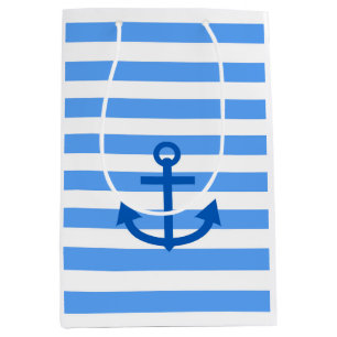 Blue & White Stripe Pattern with Anchor Medium Gift Bag