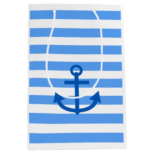 Blue & White Stripe Pattern with Anchor Medium Gift Bag (Front)