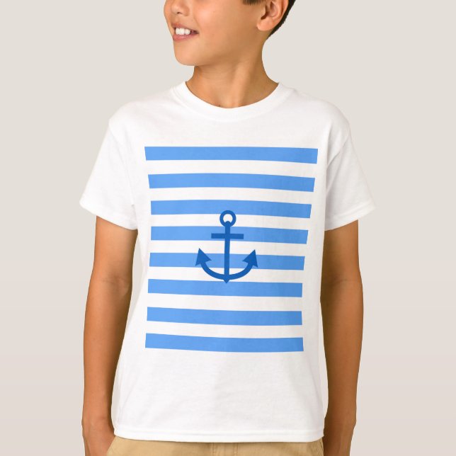 Blue & White Stripe Pattern with Anchor T-Shirt (Front)