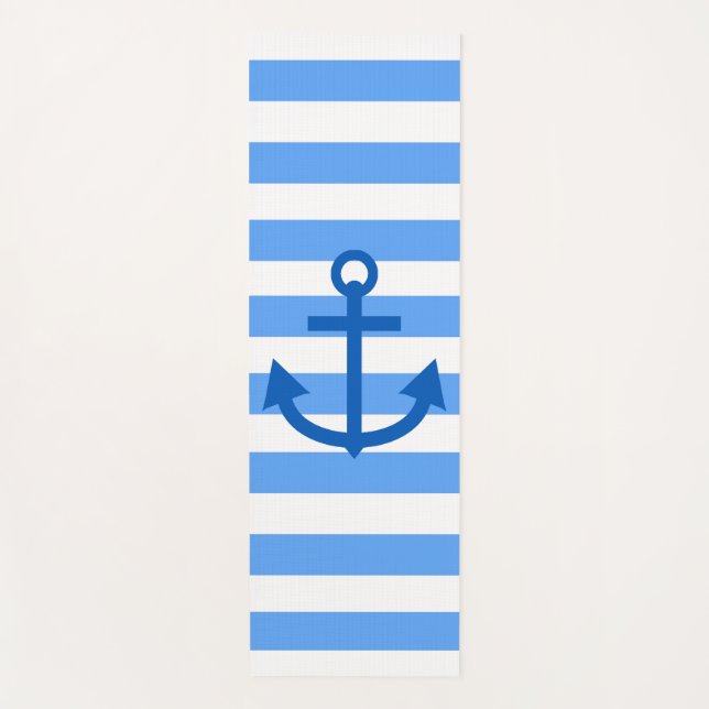 Blue & White Stripe Pattern with Anchor Yoga Mat (Front)