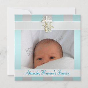 Blue White Stripe Photo Cross Baptism Christening Invitation