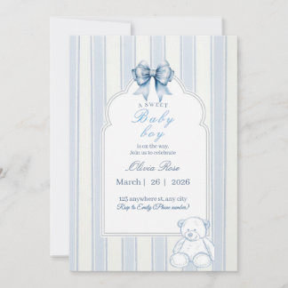 Blue white stripe retro teddy bear baby shower invitation