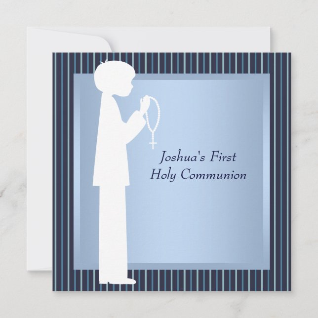 Blue White Stripe Rosary Boys First Communion Invitation (Front)