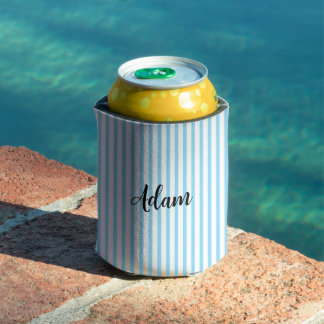Blue White Stripe Script Name Personalised Can Cooler
