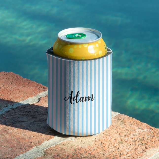 Blue White Stripe Script Name Personalised Can Cooler (In Situ Pool)