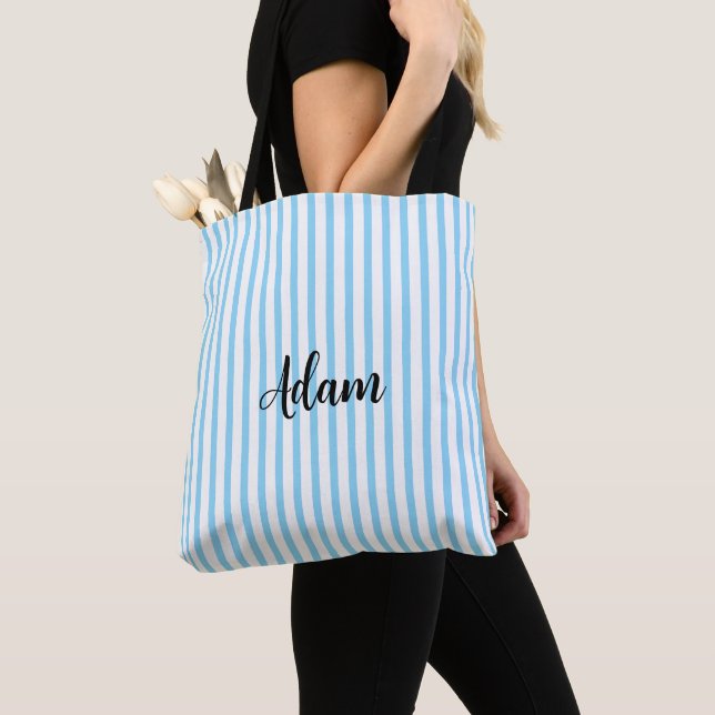 Blue White Stripe Script Name Personalised Tote Bag (Close Up)