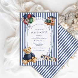 Blue & White Stripe Teddy Bear Vintage Toys Invitation
