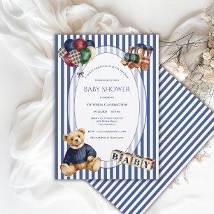 Blue & White Stripe Teddy Bear Vintage Toys Invitation