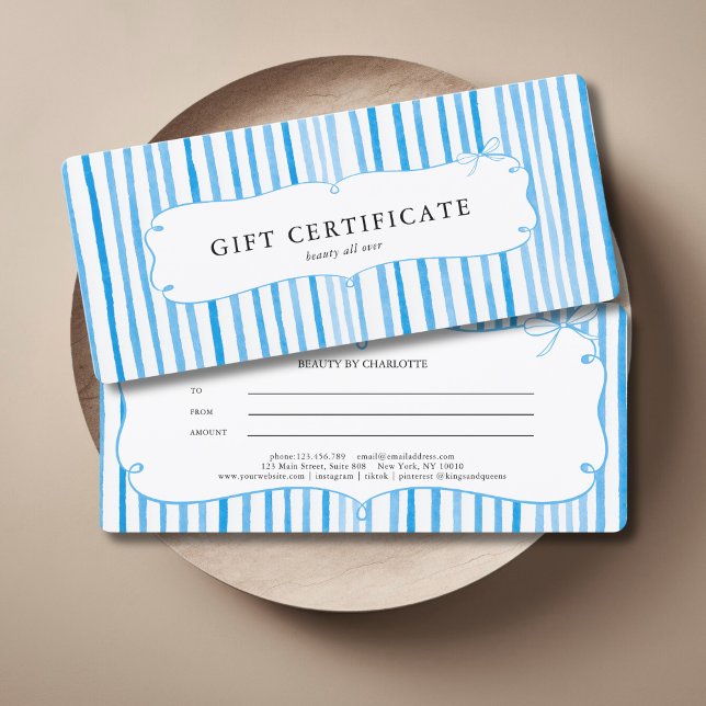 Blue White Stripe Vintage Bow Gift Certificate (Blue White Stripe Vintage Bow Gift Certificate)