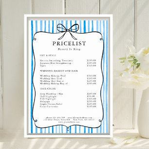 Blue White Stripe Vintage Bow Price List Poster