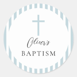 Blue White Striped Boy Baptism Classic Round Sticker