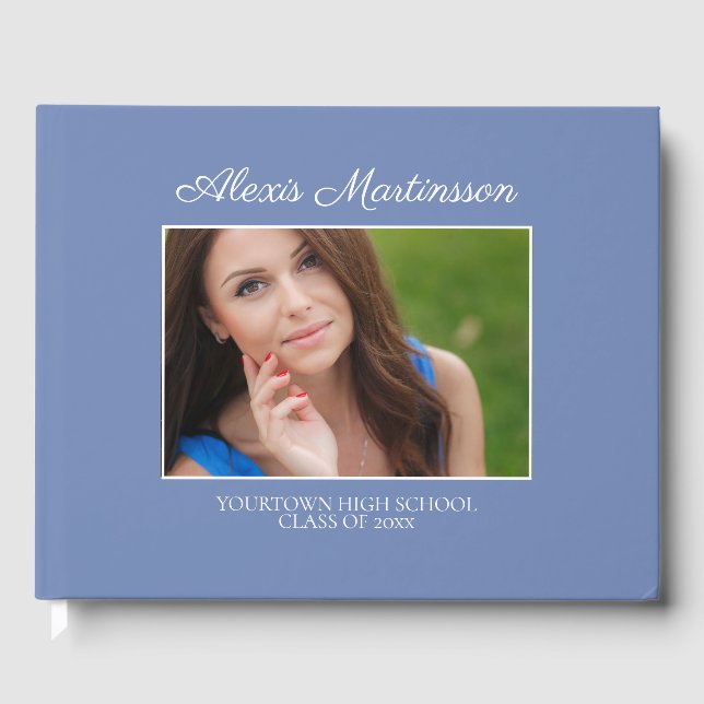 Blue White Striped Graduation Senior Photo Guest Book (Front)