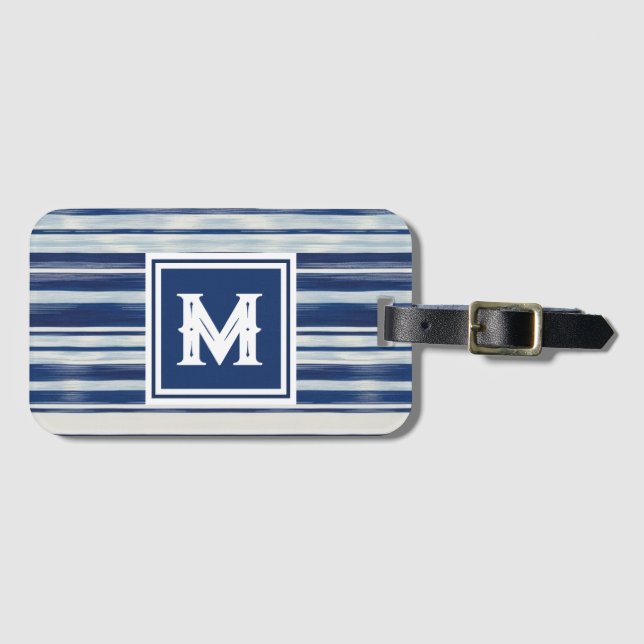 Blue & White Striped Monogram Luggage Tag (Front Horizontal)