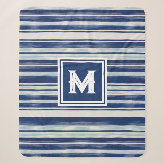 Blue & White Striped Monogram Sherpa Blanket (Front)