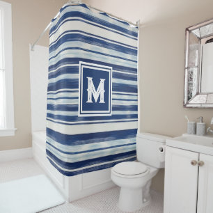 Blue & White Striped Monogram Shower Curtain