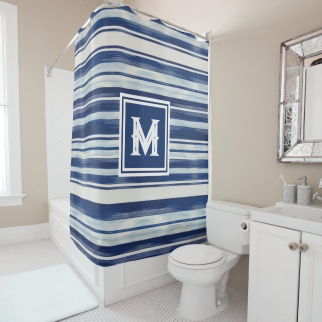 Blue & White Striped Monogram Shower Curtain (In Situ)