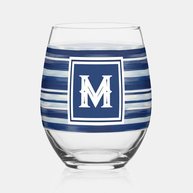 Blue & White Striped Monogram Stemless Wine Glass (Back)