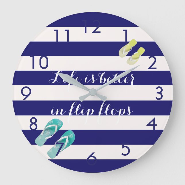 Blue white stripes beach flip-flops large clock (Front)
