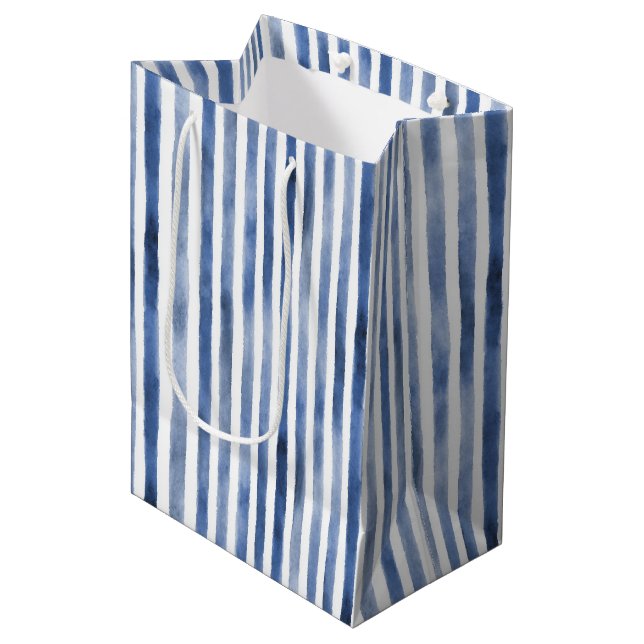 Blue White Stripes Birthday Medium Gift Bag (Front Angled)