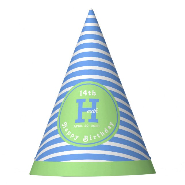 Blue, White Stripes Birthday Party Hat (Front)