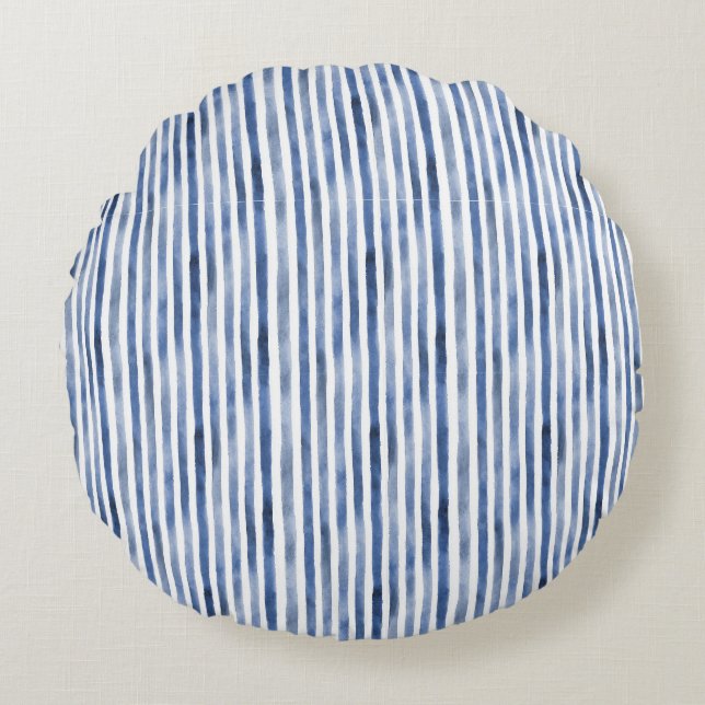 Blue White Stripes Birthday  Round Cushion (Front)