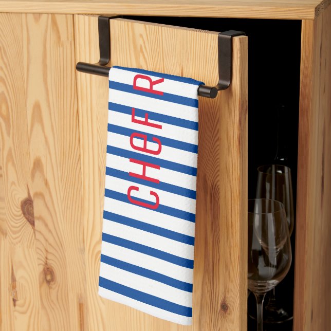 Blue White Stripes Chef Robert Your Name Cooking Tea Towel (Thirds Fold)