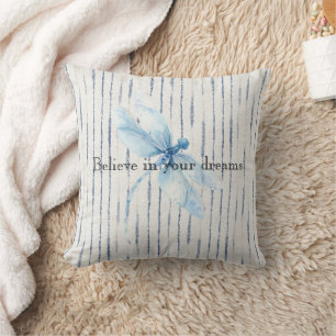 Blue White Stripes Dragonfly Believe Cushion