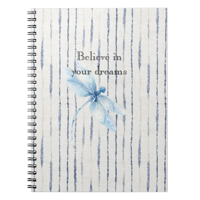 Blue White Stripes Dragonfly Believe Notebook (Front)