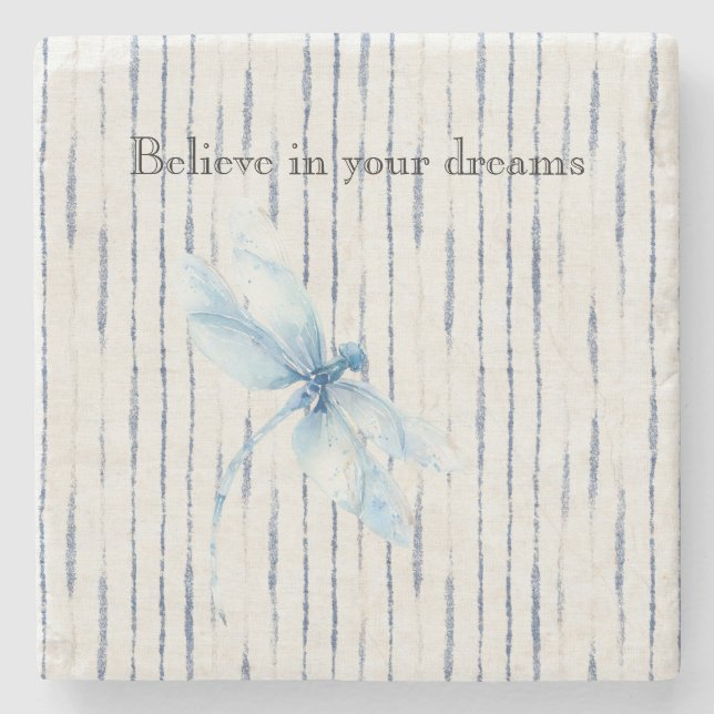 Blue White Stripes Dragonfly Believe Stone Coaster (Front)