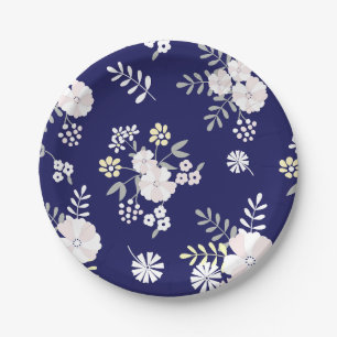 Blue & White Stripes Floral Paper Plate