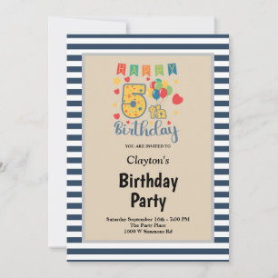 Blue/White Stripes Framed 5th Birthday Party Invitation