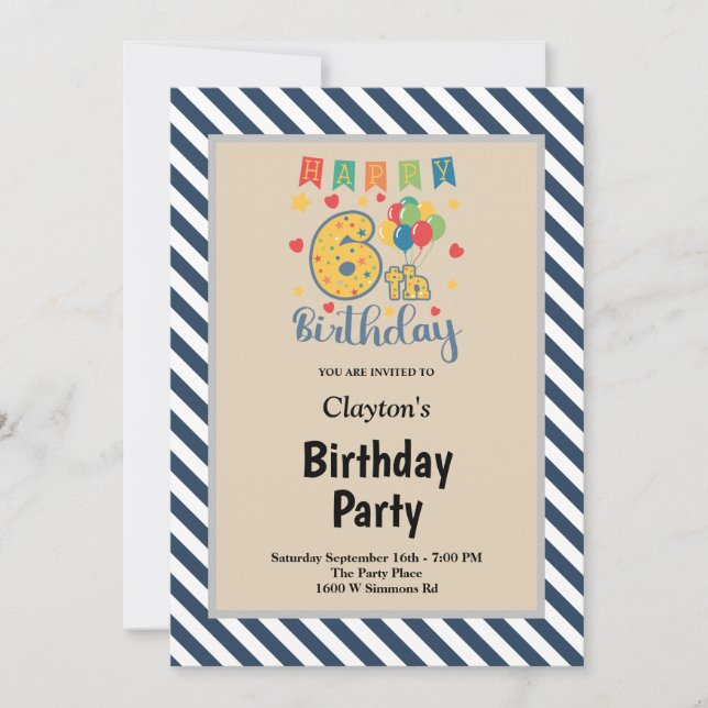 Blue/White Stripes Framed 6th Birthday Party Invitation (Front)