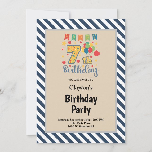 Blue/White Stripes Framed 7th Birthday Party Invit Invitation (Front)