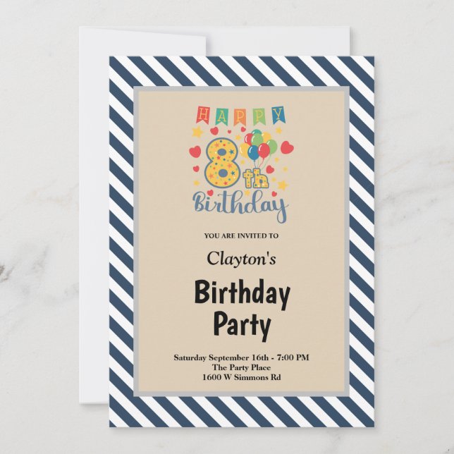 Blue/White Stripes Framed 8th Birthday Party Invitation (Front)