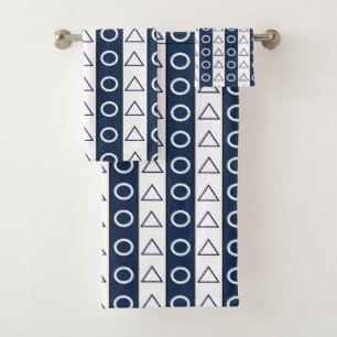 Blue White Stripes Geometric Circle Triangle  Bath Towel Set